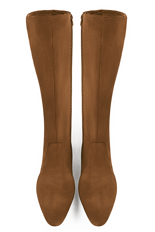 Caramel brown women's feminine knee-high boots. Round toe. Low flare heels. Made to measure. Top view - Florence KOOIJMAN